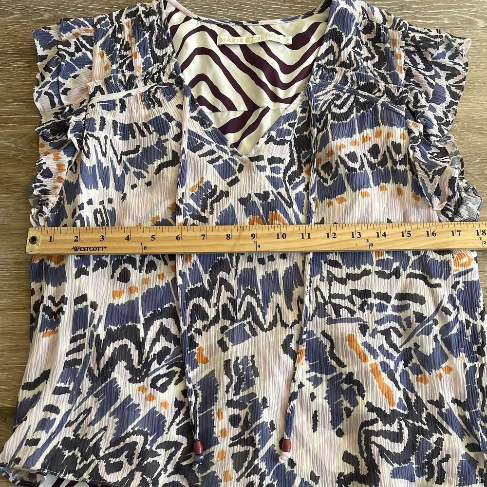 Marie Oliver Flutter Sleeve Blouse Small Zebra Lined Crinkle Fabric V-Neck Ties - Picture 4 of 8